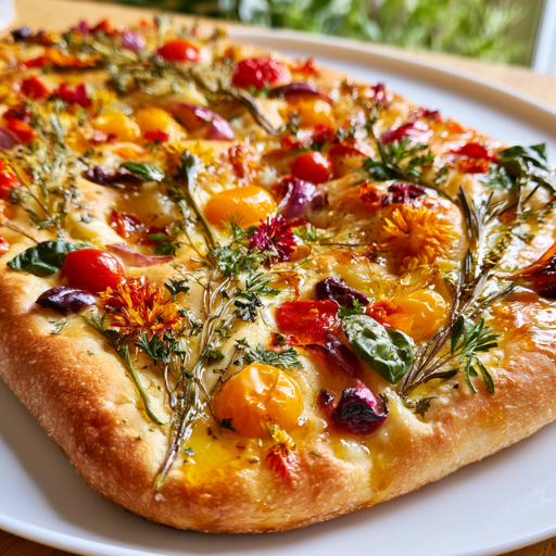 Focaccia garden art aux herbes et tomates