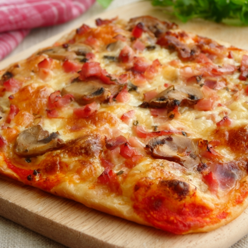 Pizza pâte liquide aux lardons et champignons