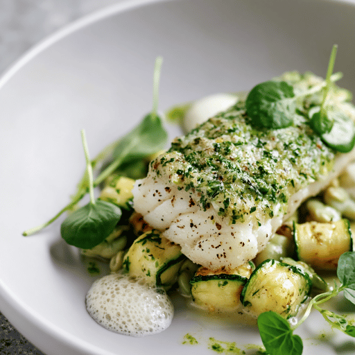 Filet de merlu en croûte d’herbes aux courgettes, sauce émulsionnée citronnée