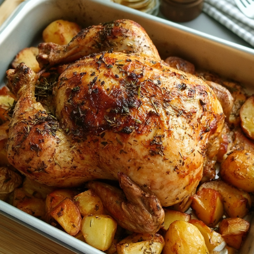 Poulet au four aux herbes sur lit de pommes de terre