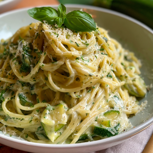 Spaghetti aux courgettes, crème, ail et fines herbes
