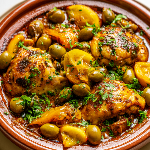 Tajine de poulet aux olives et citrons confits